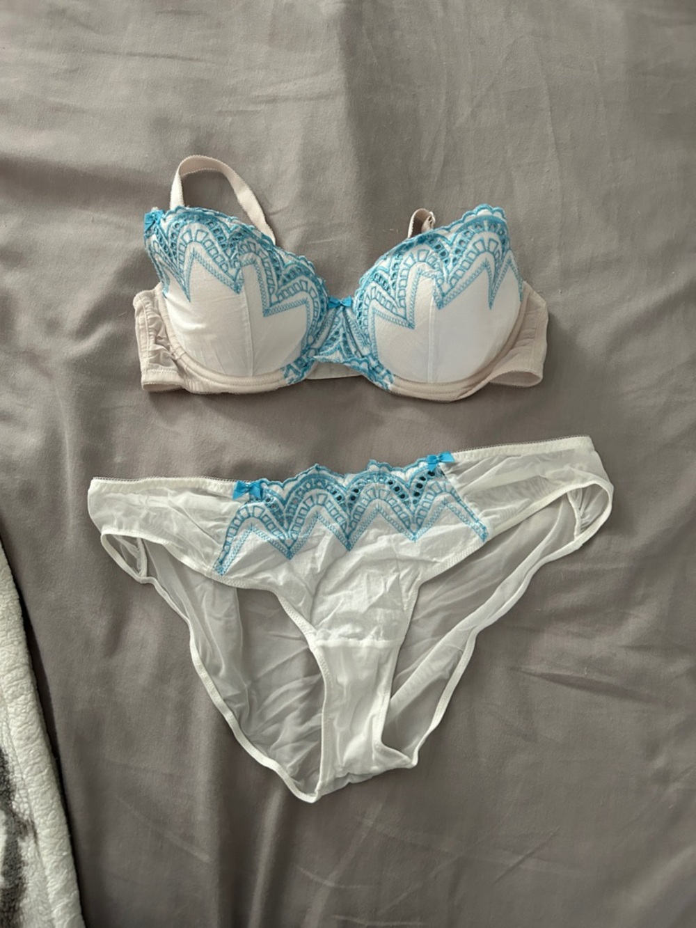 Adore Me White Bra & Panty Set with Blue Embroidery